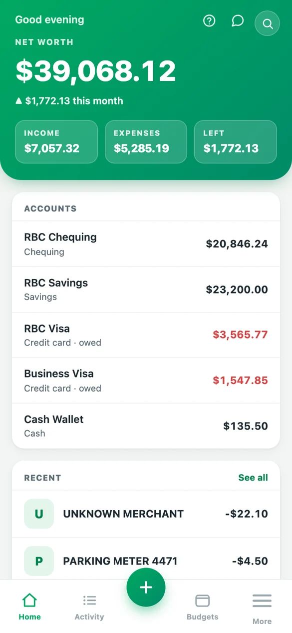 The phone home screen: net worth, this month's income, expenses and what's left, then every account and the most recent transactions.