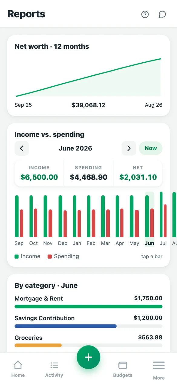 The reports screen: net worth over twelve months, a bar per month of income against spending, and spending by category.